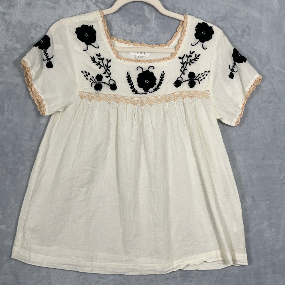 THML Womens M White Embroidered Boho Peasant Babydoll Top Cotton Blouse Cottage